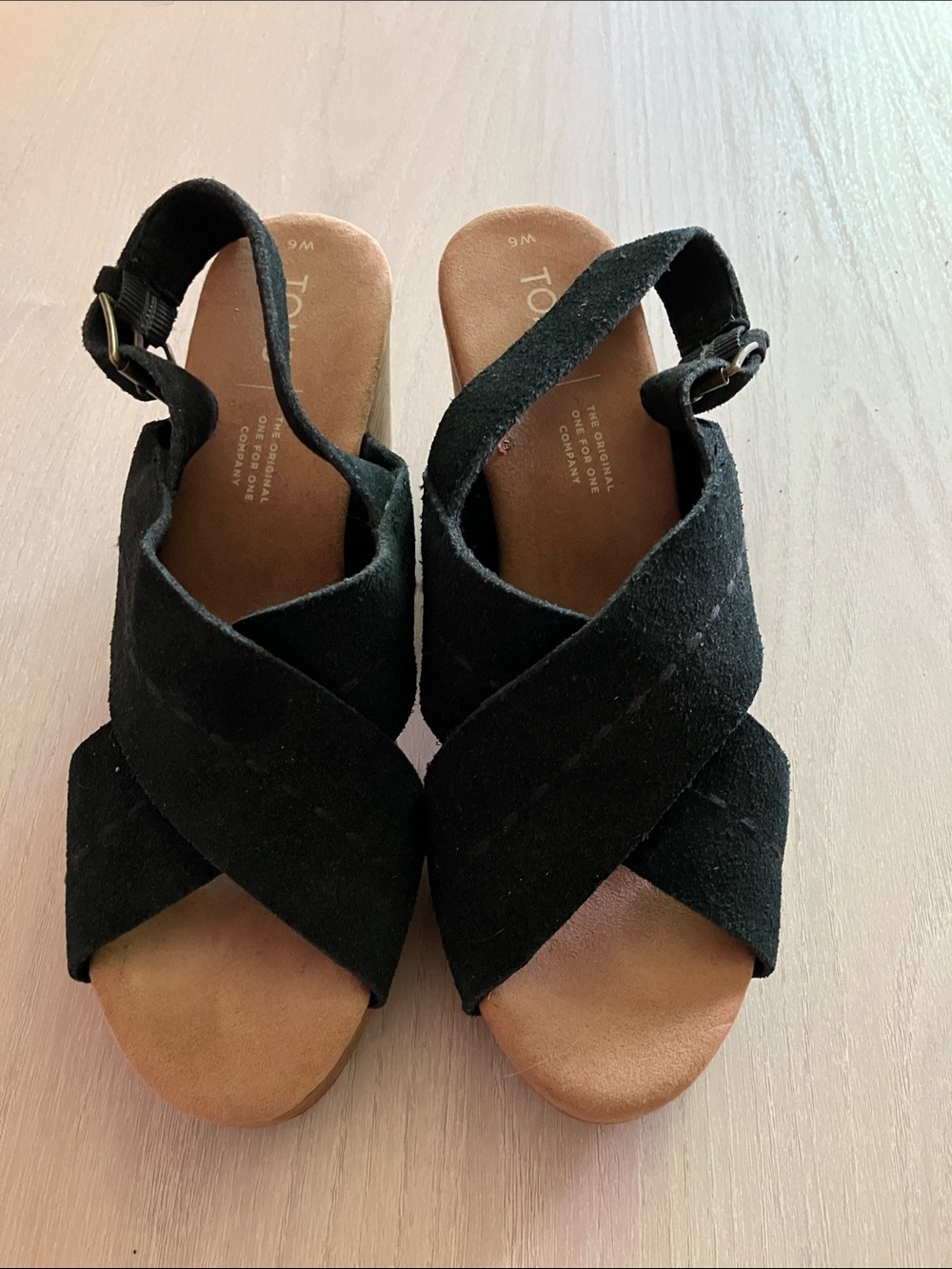 Toms Black Suede Crisscross Wedge Sandals with Ankle Strap